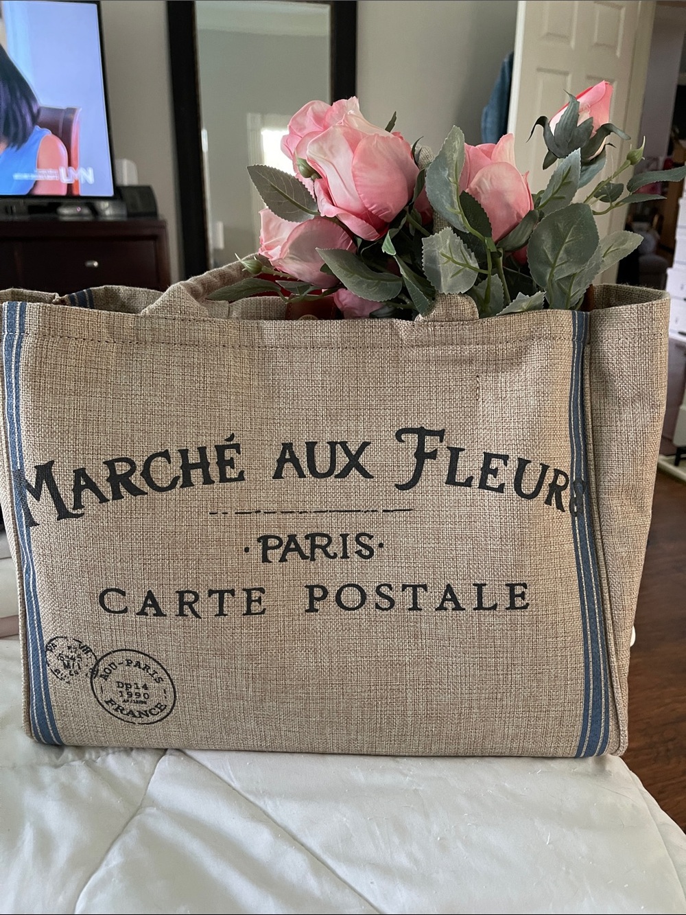Patricia Nash Natural Burlap Tote with Black Print and Blue Trim